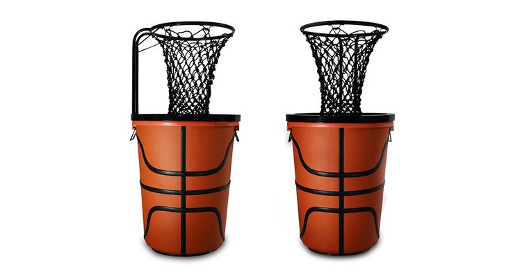 two orange buckets with black rims and basketball net in them on a white background