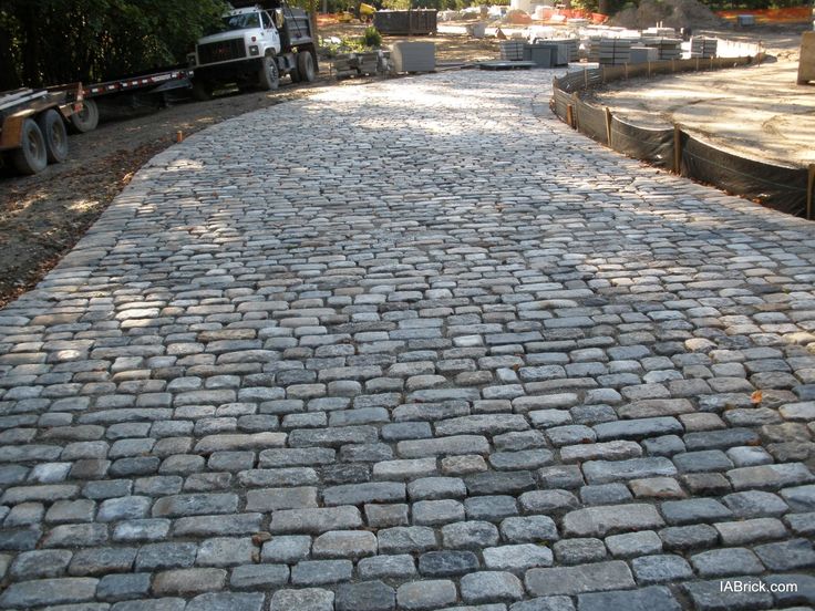 an empty cobblestone road with trees in the background