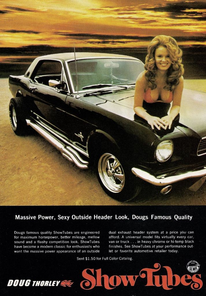 an advertisement for showtubs featuring a woman leaning on the hood of a classic car