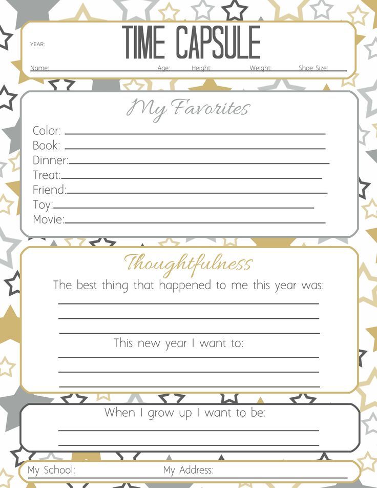 a printable time capsule for the new year's resolution, with gold stars on it