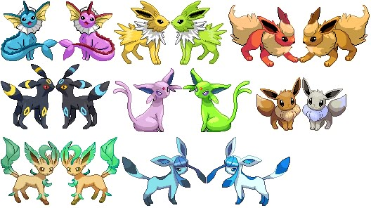 several different types of pokemons are shown in this image, each with different colors and sizes