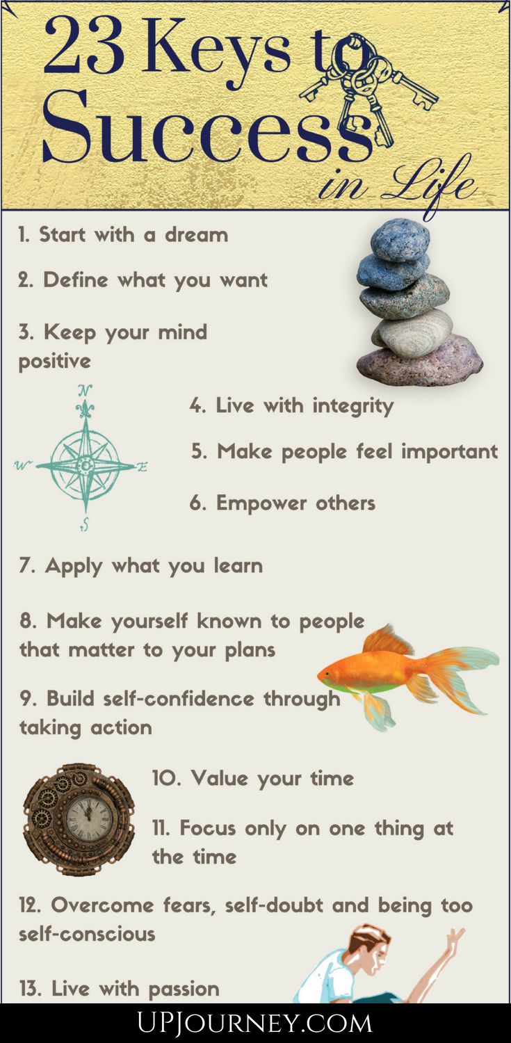 the 23 keys to success in life poster with an image of a goldfish and some rocks