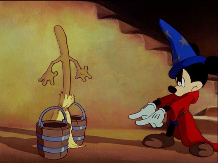 an animated mickey mouse holding onto a bucket