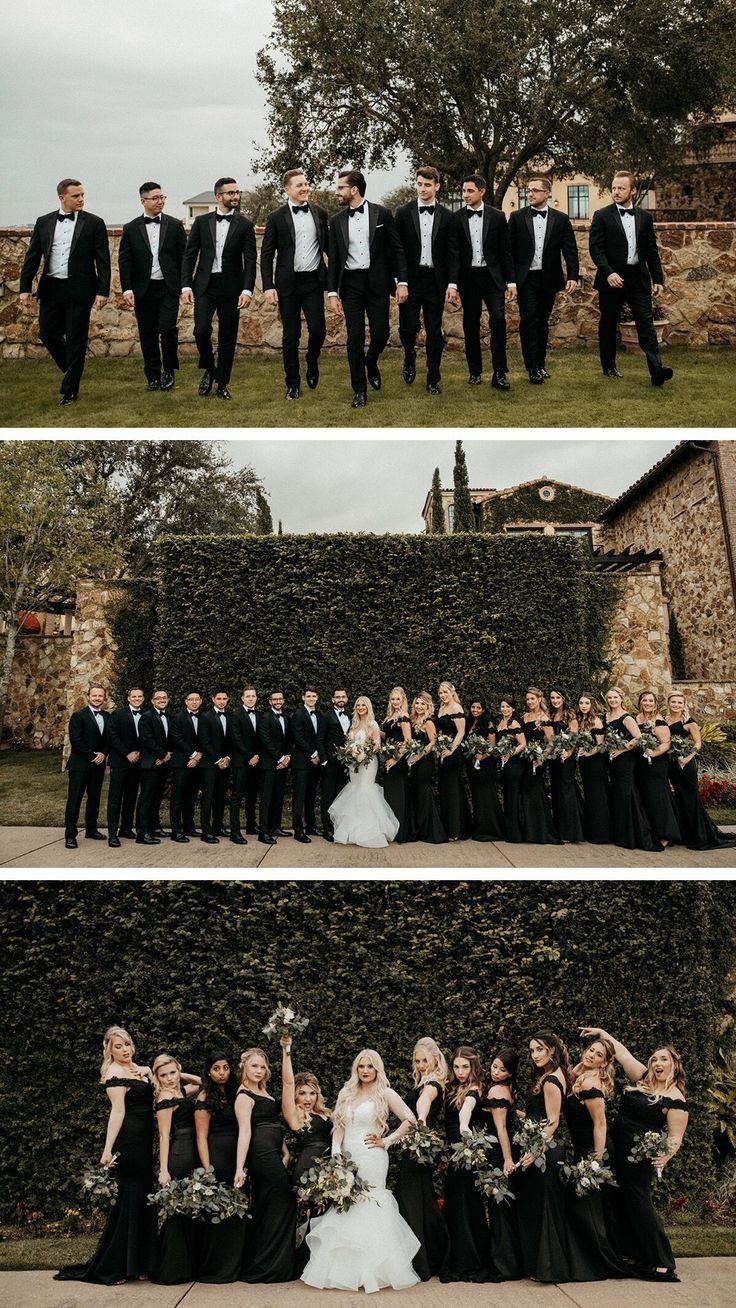 the wedding party is posing for pictures in their tuxedos and groomsmen