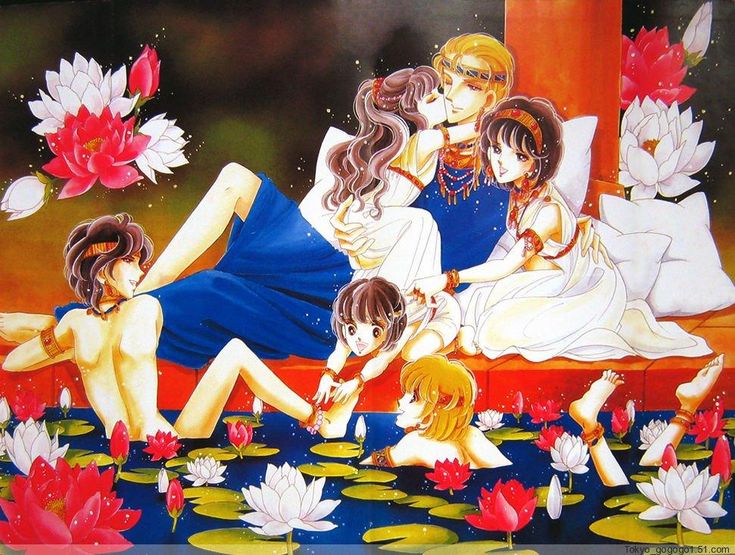 an anime scene with three women and two children in the water surrounded by lily pads