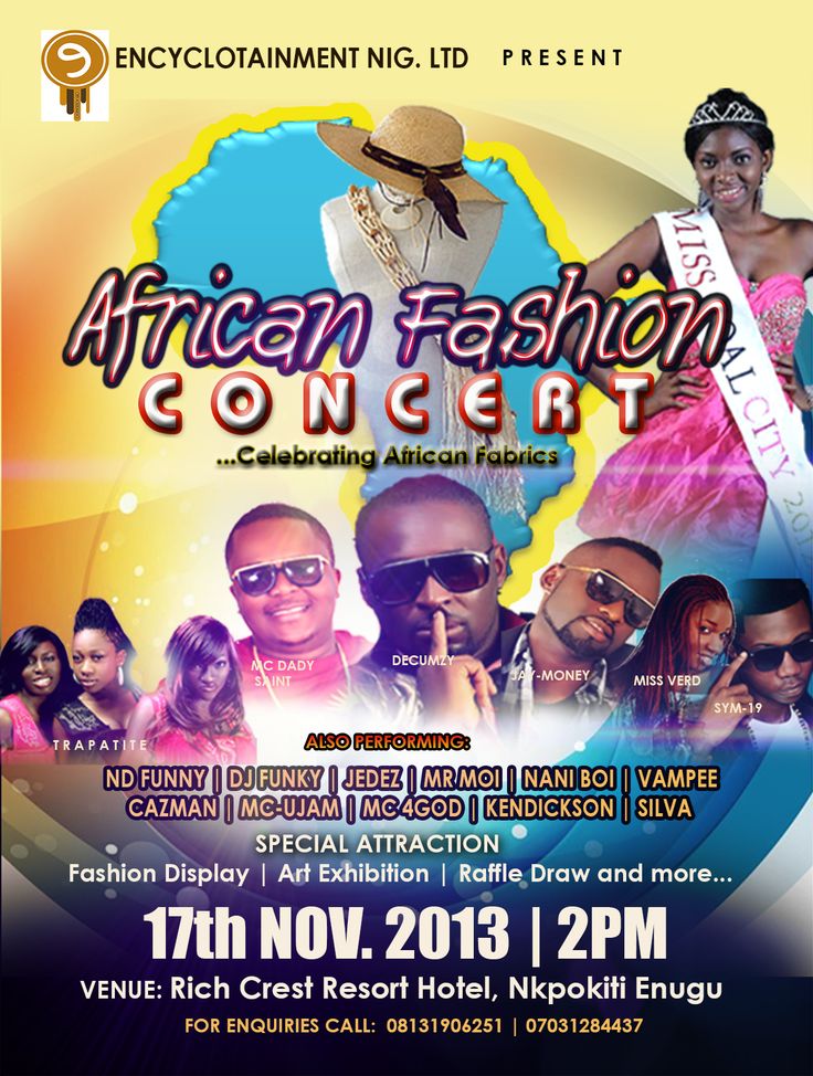 an african fashion concert poster with the names of different women and men in front of it