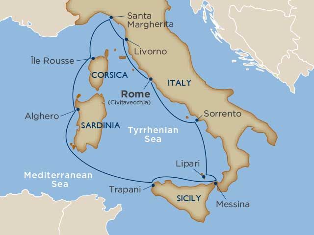 a map showing the route of italy and italy's mediterranean peninsula, with its major cities