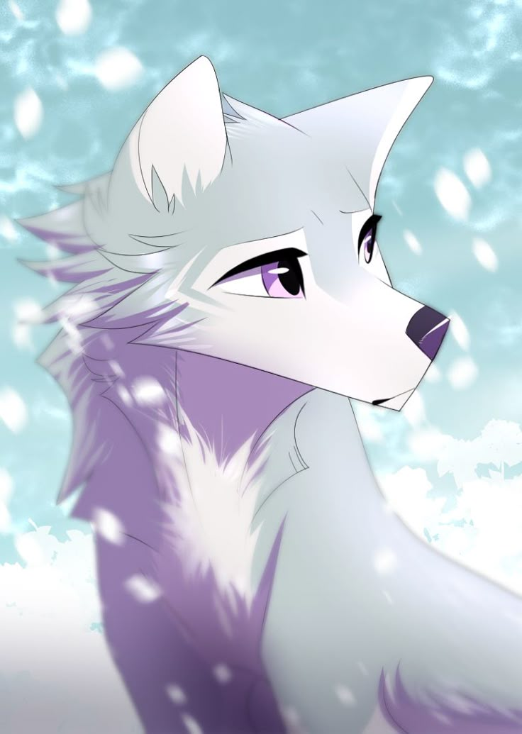 a white wolf with purple eyes sitting in the snow