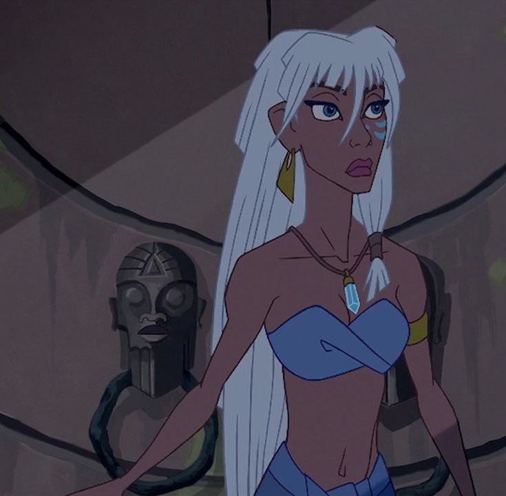 an animated woman with white hair and blue pants