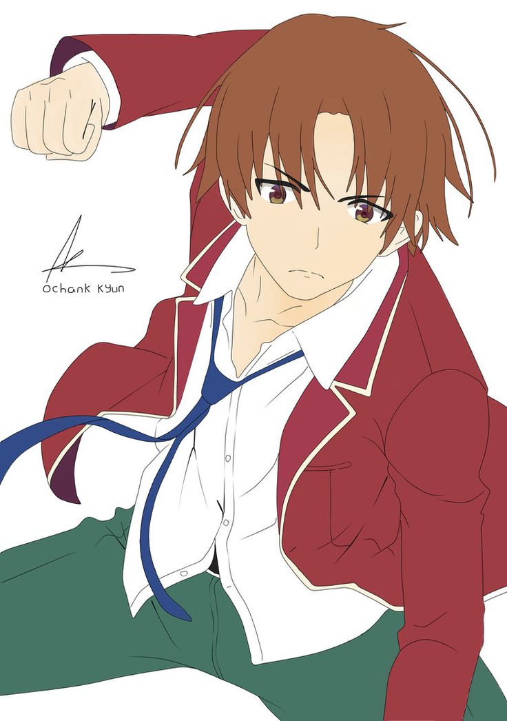 an anime character wearing a red jacket and green pants with his hand on his head