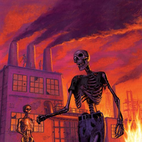 a skeleton holding the hand of another skeleton in front of a factory