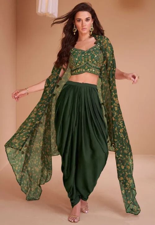 Buy Embroidered Art Silk Crop Top Set with Jacket in Dark Green Online : TCH299 - Utsav Fashion Dhoti Style Dresses, Sharara Top, Dhoti Salwar Suits, Mendhi Outfit, Dhoti Salwar, Jazz Dress, Flared Palazzo, South Silk Sarees, Silk Crop Top