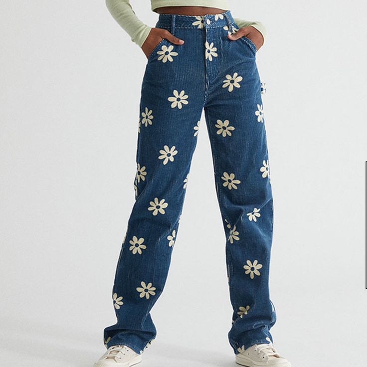 Pacsun Corduroy 90s Boyfriend Carpenter Navy Floral Pants Size 24 - Fits A Small New With Tags Your Fave High-Rise Pants Get Updated With A Navy Floral Print Throughout And Have A Longer Stacked Inseam And A Fitted Construction That's Baggy Throughout The Leg. ***Approximate Measurements In Inches While Item Is Laid Flat *** Total Length 38.75 Across Waist 12 Inseam 27 Fun Pants Women, Retro Cotton Jeans For Spring, Retro Jeans With Pockets For Spring, Retro Spring Jeans With Pockets, Retro Relaxed Fit Pants For Spring, Vintage Cotton Pants With Floral Print, Y2k Style Straight Bottoms For Spring, Y2k Straight Pants For Spring, Trendy Floral Print Cotton Jeans