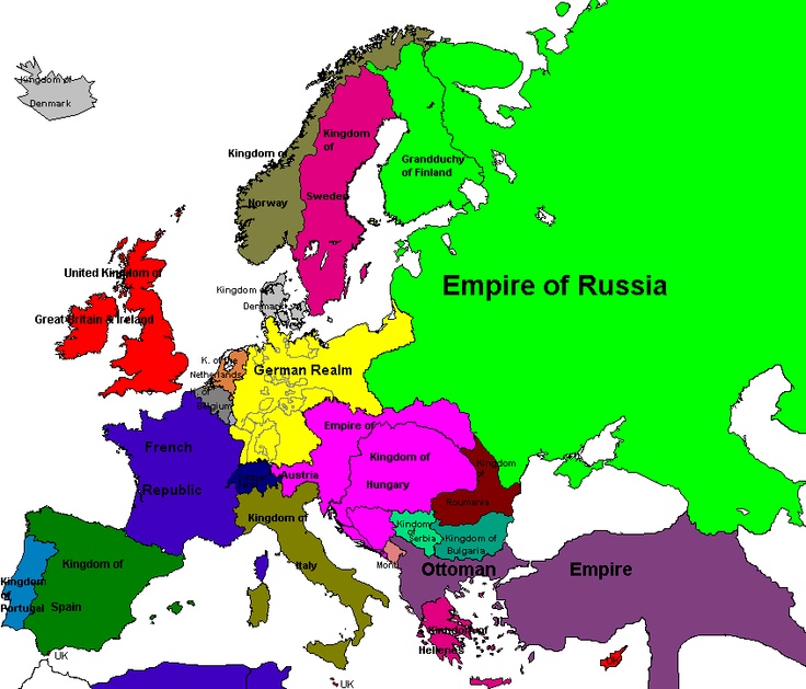 a map of europe showing the empire of russia and its major cities in different colors