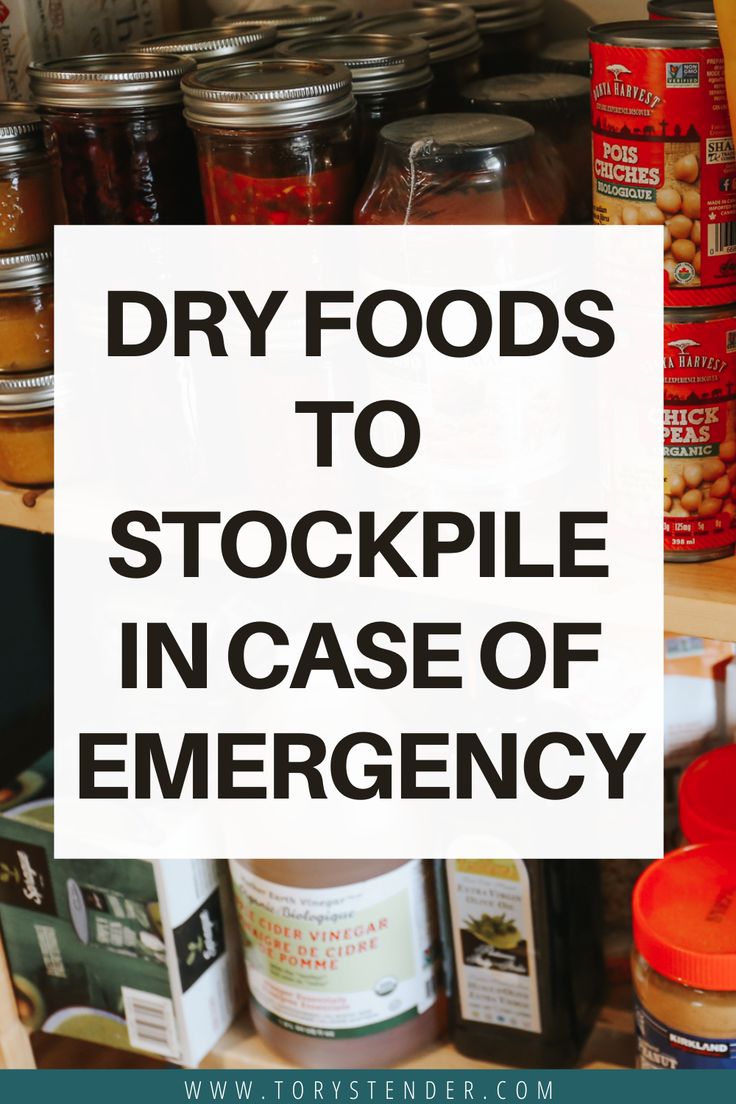 the words dry foods to stockpile in case of emergency are overlaid by jars