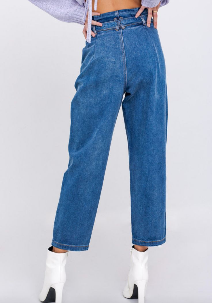 Dark denim paper bag pants High-waisted Adjustable belt 100% Cotton Medium Wash Tapered Leg Bottoms With Belt Loops, High Waist Mom Fit Jeans With Belt Loops, High Waist Mom Jeans With Belt Loops, Casual High Rise Belted Pants, Casual Denim Blue Belted Bottoms, Casual Belted Bottoms In Denim Blue, Casual Straight Leg Belted Pants, High Waist Mom Fit Denim Bottoms, High-waist Cargo Jeans With Belt Loops For Spring