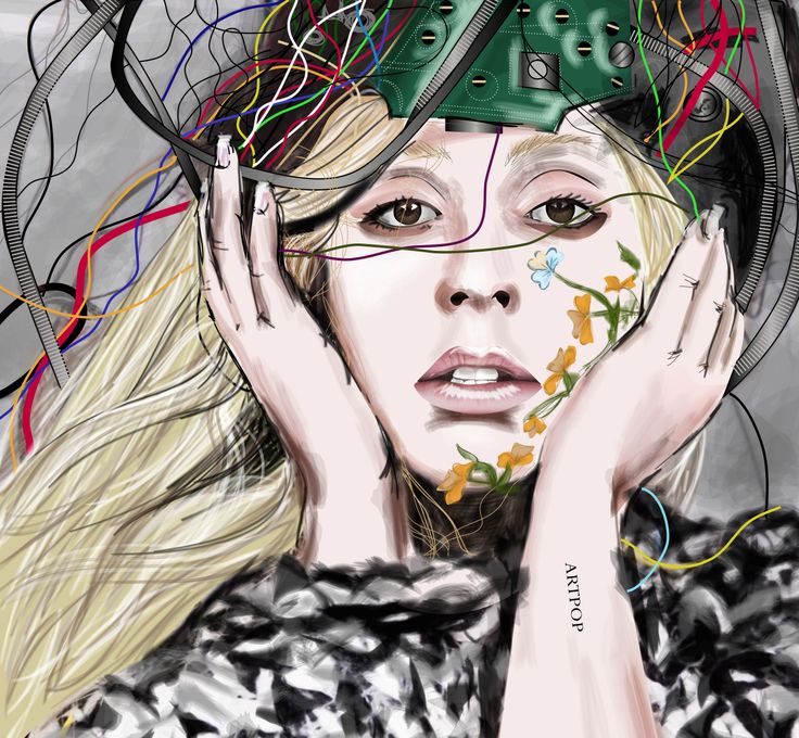 a painting of a woman with her hands on her face and wires all over her head