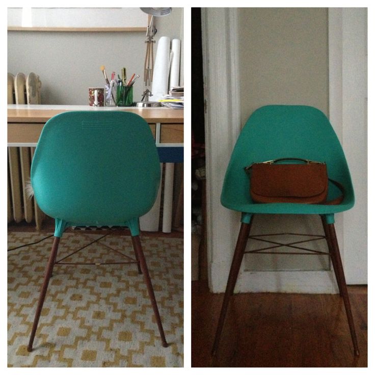 two photos side by side of a chair with a purse on it