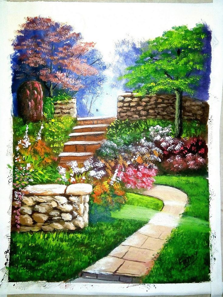 a painting of a garden with steps and flowers