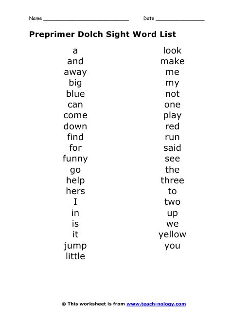 Preprimer Dolch Sight Word List | Preschool sight words, Sight words ...