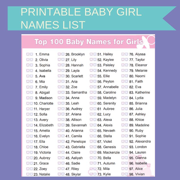 the printable baby girl names list is shown in pink, blue and purple colors