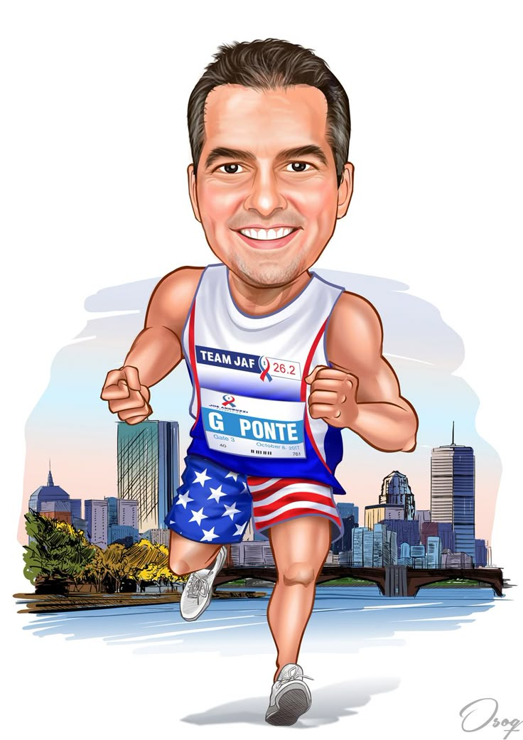 a caricature of a man running in the race with an american flag on his shirt