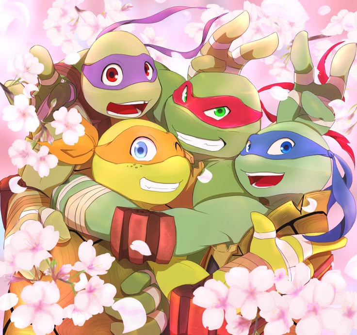 the teenage mutant turtles are surrounded by cherry blossom blossoms in this digital painting style illustration