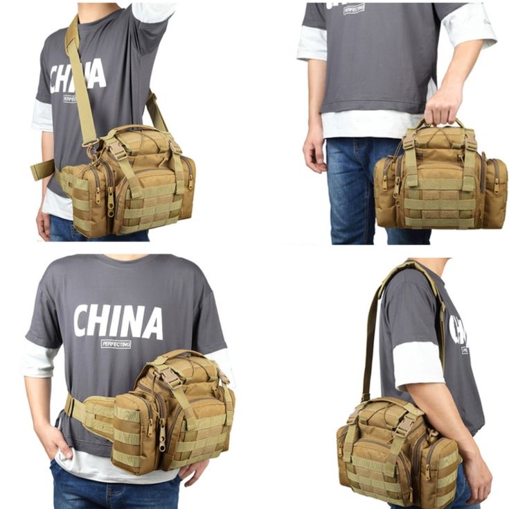 three pictures of a man holding a bag with the words china in white letters on it