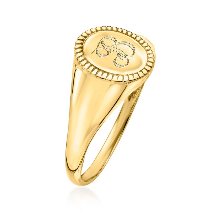 Ross-Simons - Plain - Italian 14kt Yellow Gold Signet Ring Size 7. Our signet ring from Italy is a true classic, gleaming in 14kt yellow gold. Perfect for gifting or self-gifting, it's a timeless style that is sure to please. 3/8" wide. 14kt yellow gold signet ring. Elegant Formal 14k Stamped Initial Ring, Gold Signet Ring, Script Type, Ring Size 7, Signet Ring, Timeless Style, Timeless Fashion, Initials, Ring Size