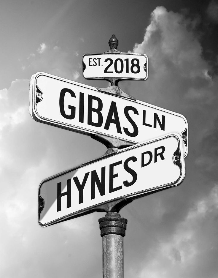 black and white photograph of street signs in front of cloudy sky with nameplates