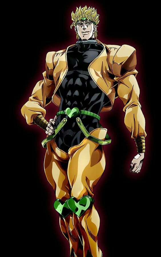 an anime character is dressed in black and gold with green accents on his chest, holding two swords