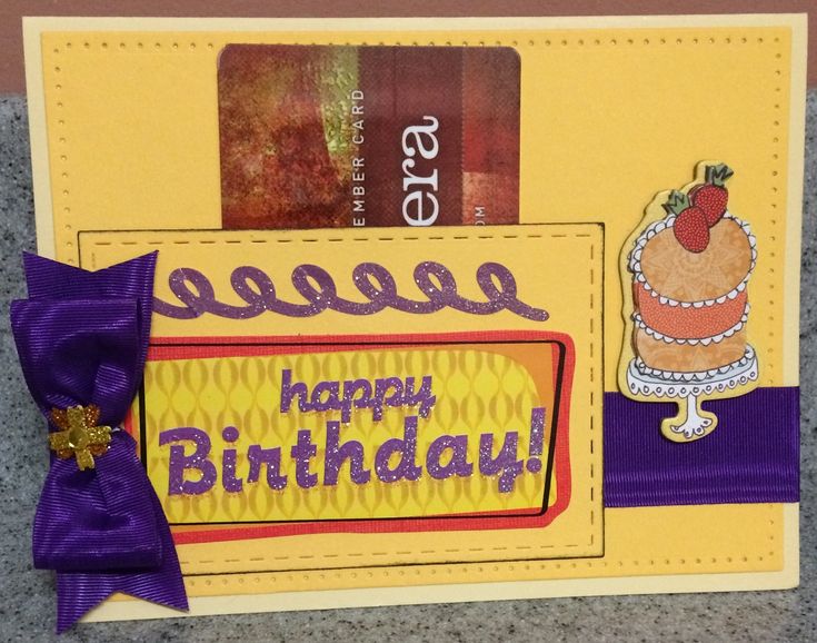 a birthday card with an image of a cake on it and a purple ribbon around the edge