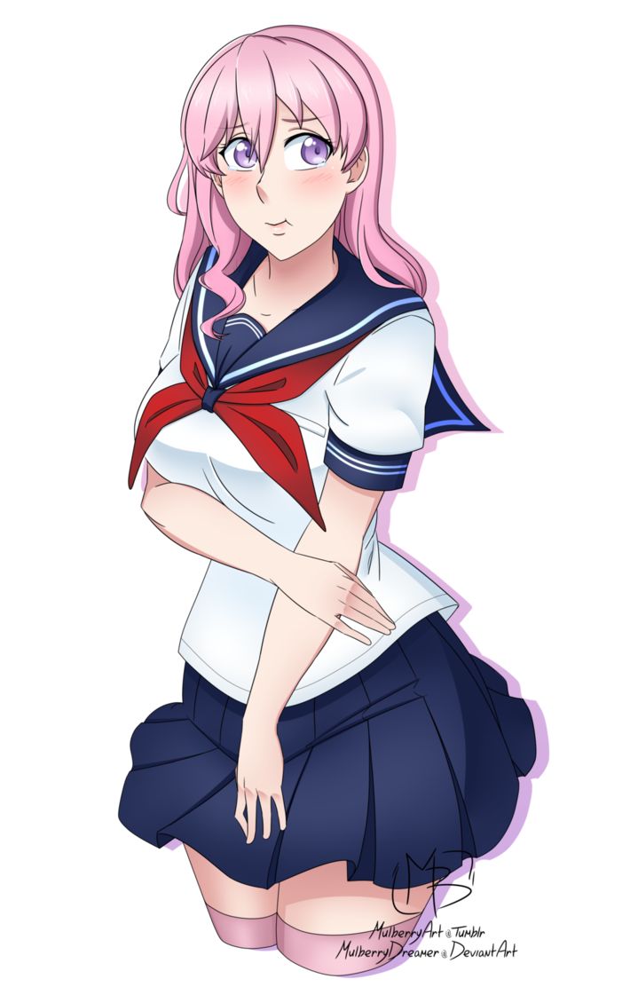 Muja by MulberryDreamer Yandere Simulator Midori, Musume Yandere Simulator, Yandere Simulator Mulberry Art, Mai Waifu Yandere Simulator, Hana Yandere Simulator Girl, White Garter Belt, Mai Waifu, Random Games, Light Pink Hair