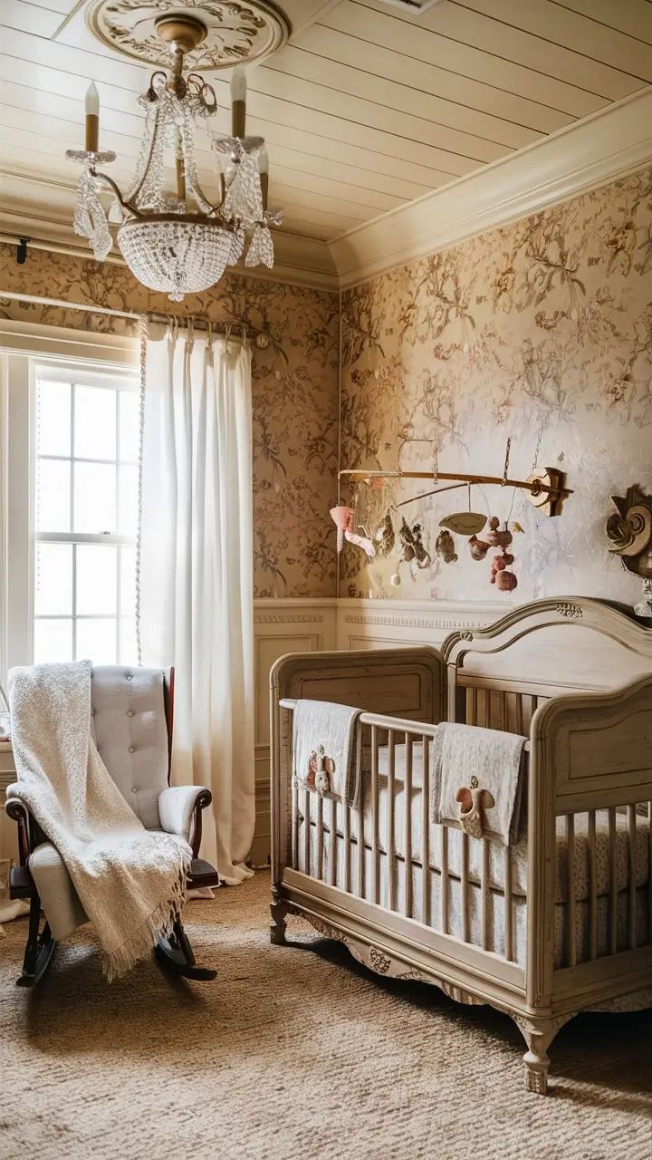 a baby's room with two cribs and a chandelier hanging from the ceiling