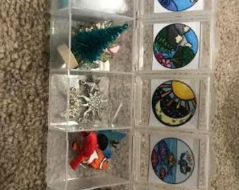 a clear case holds several different magnets and christmas tree ornament ornaments in the shape of santa's sleigh