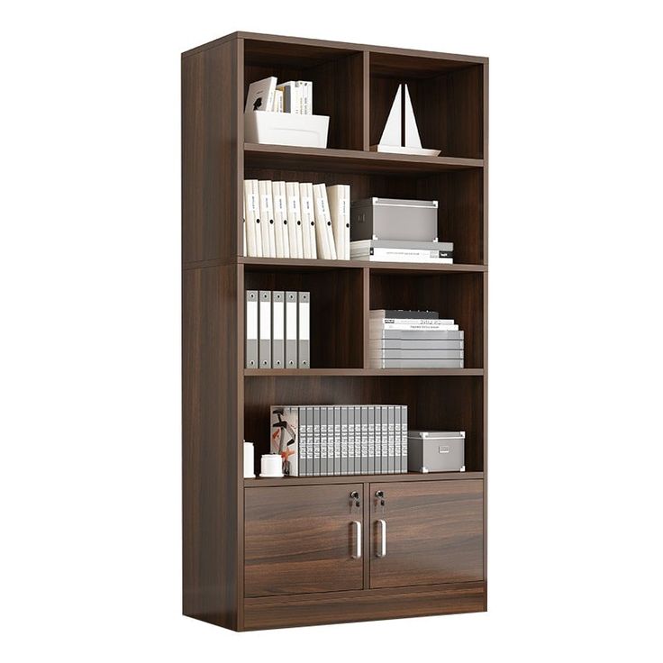 a book shelf with many books on top of it and some papers in the bottom drawer