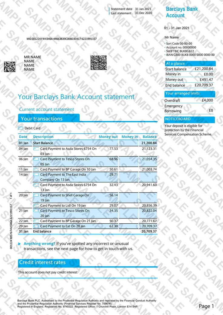 the bank account statement is shown in blue and white, as well as an information sheet