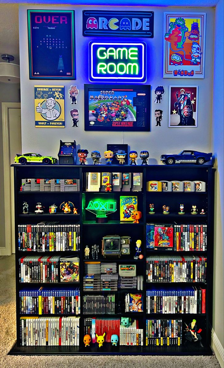 Video Game Display, Game Room, Video Games Video Game Living Room Ideas, Video Game Shelf Ideas, Video Game Display Shelves, Home Video Game Room, Game Room Display Shelves, In Home Game Room, Gaming Movie Room, Video Game Corner Ideas, Retro Video Game Display