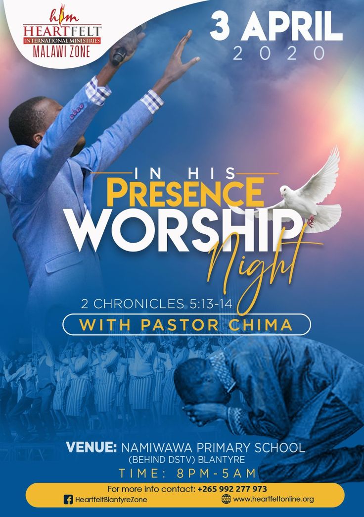 the poster for an event with pastor in blue and white attire, holding his hands up to