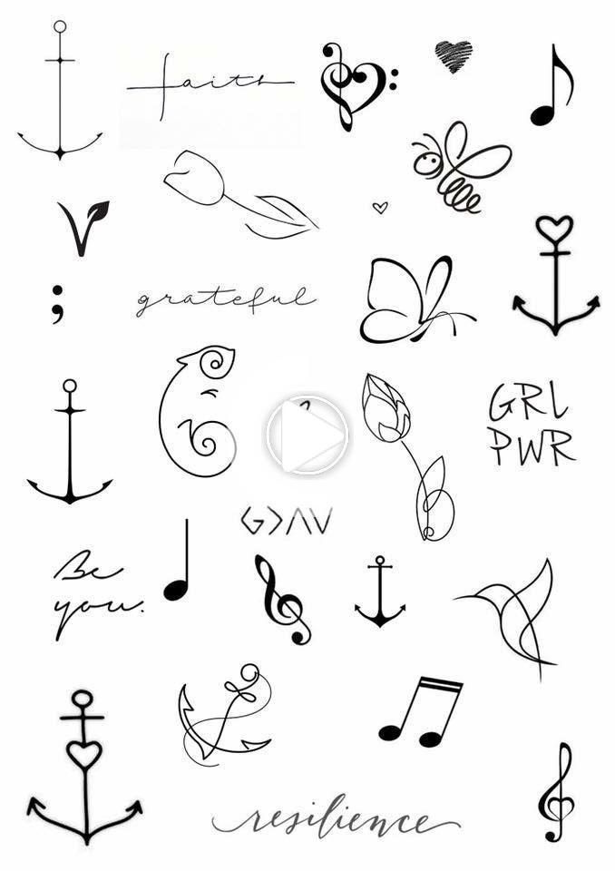 tattoos with different designs and symbols on them, including hearts, arrows, flowers, birds, and music notes