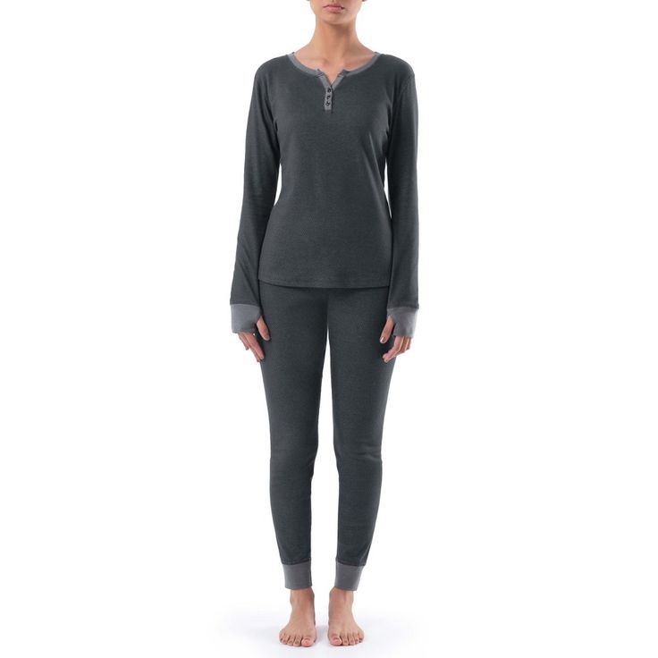 These top and bottom sets are made with a soft double knit cotton blend thermal fabric designed to provide you with a light layer of insulation and warmth without feeling thick and bulky. They are ideal for cold or mild weather conditions, and can be worn as underwear, loungewear, or sleepwear. The Henley Top has a stylish button front, long sleeves, and ribbed knit cuffs. The bottoms also have ribbed knit cuffs and a ribbed waistband with hidden elastic. You can't go wrong with these cute multi Stretch Cotton Winter Sleepwear, Thermal Fabric, Womens Thermal, Top And Pants Set, Henley Top, Double Knit, Pant Set, Pair Of Pants, Double Knitting