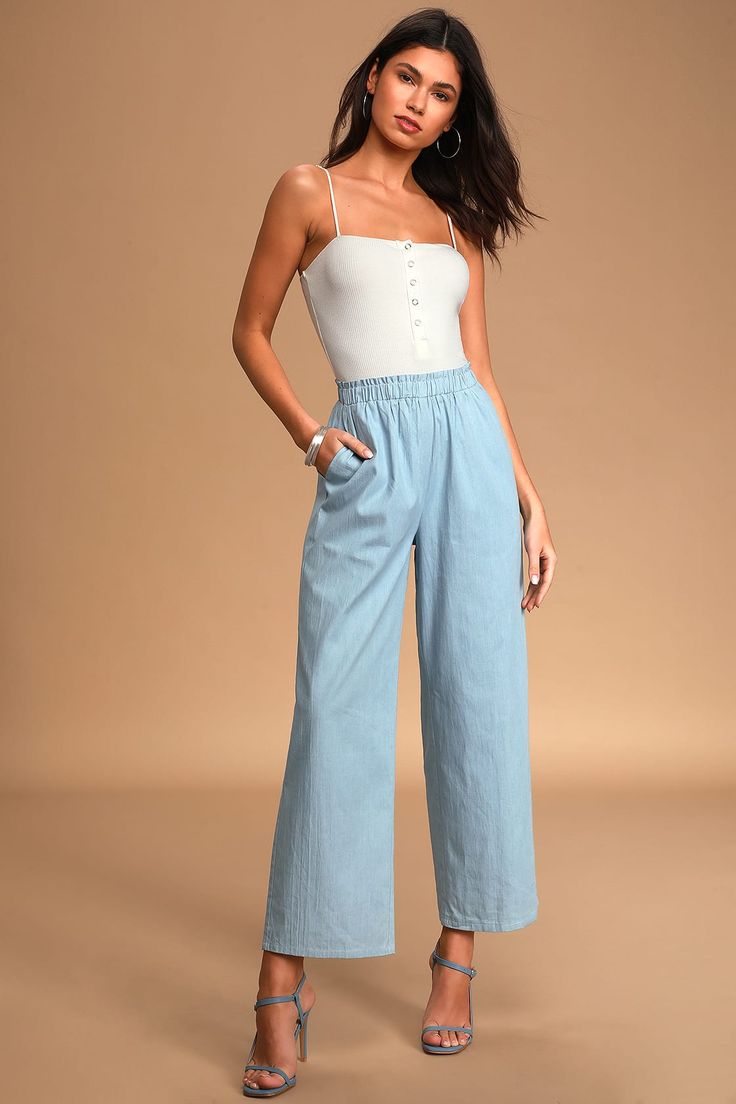 Light Blue Pants - Cute Chambray Pants - Wide-Leg Pants Light Blue Pants Outfit, Blue Wide Leg Pants Outfit, Blue Pants Outfit, Pants Outfit Summer, Light Blue Pants, Recruitment Outfits, Chambray Pants, Leg Pants Outfit, Floral Print Pants