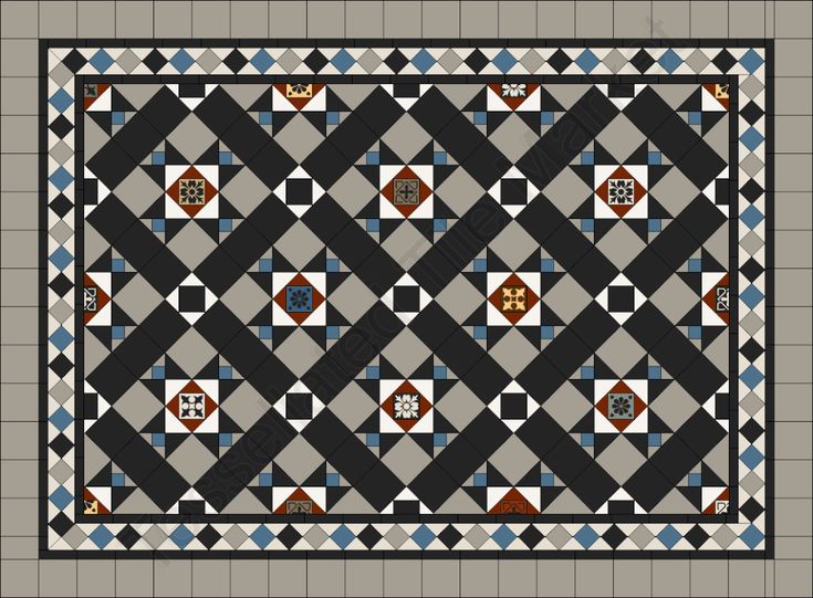 a black and white quilt with blue, brown, and orange designs on it's sides