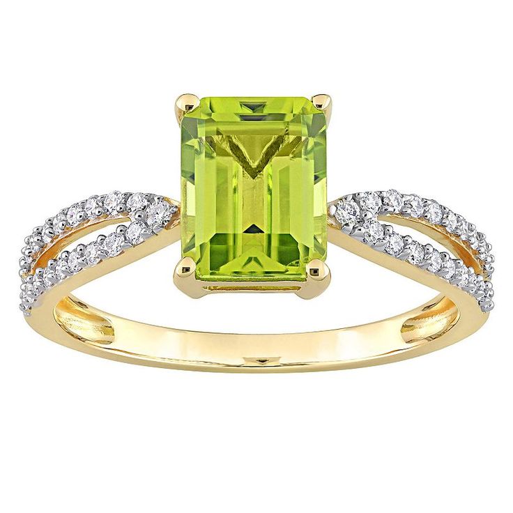 Featuring an emerald-cut peridot center stone accented with shimmering diamonds, this 14k gold Stella Grace engagement ring is a beautiful symbol of your love. Featuring an emerald-cut peridot center stone accented with shimmering diamonds, this 14k gold Stella Grace engagement ring is a beautiful symbol of your love. Metal: 14k gold Packaging: boxed Width: 8.6 mm Finish: polishedSTONE DETAILS Stone type: peridot Total weight: 1 5/8 ct. Center stone size: 8 mm x 6 mm Shape: octagon Setting: pron Emerald Cut Diamond Ring With Gemstone Accents, Green Radiant Cut Ring With Accent Stones, Radiant Cut Green Rings With Accent Stones, Green Radiant Cut Rings With Accent Stones, Peridot Diamond Ring For May Birthstone, Green Diamond Birthstone Ring With Brilliant Cut, Green Diamond Ring With Radiant Cut And Prong Setting, Green Birthstone Ring With Gemstone Accents For Formal Occasions, Fine Jewelry Green Radiant Cut Diamond Ring