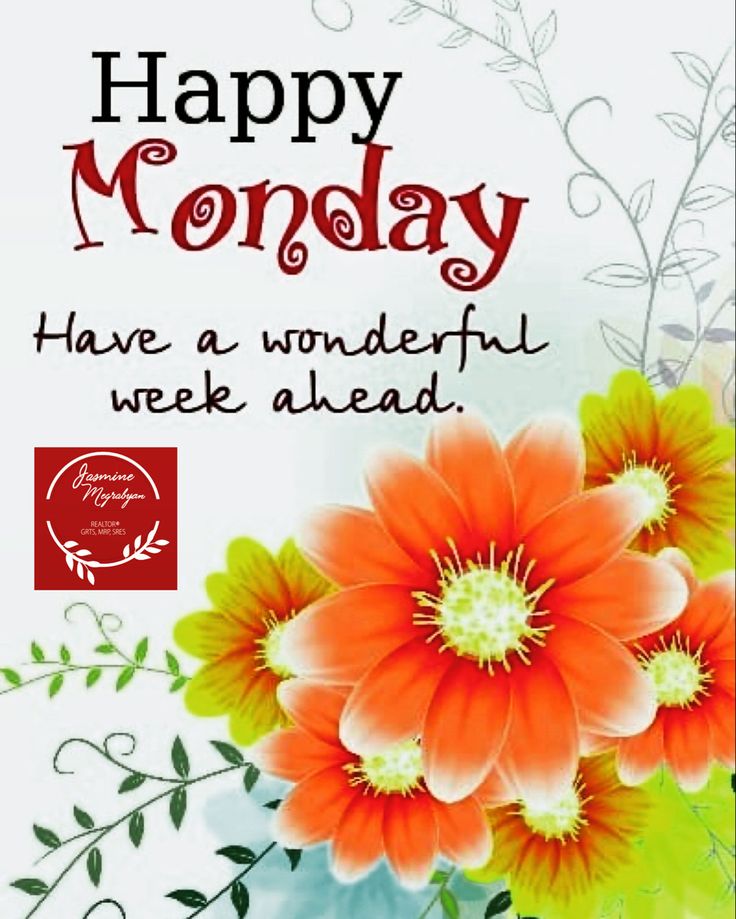 happy monday have a wonderful week ahead with flowers and leaves on the side, in red