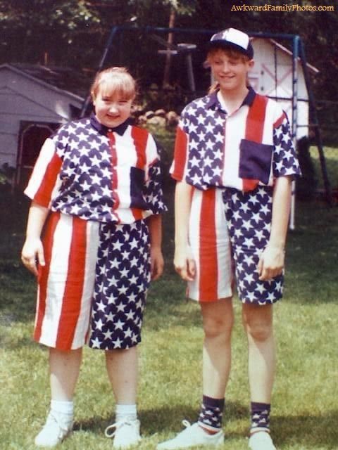 an old photo of two people dressed in patriotic clothing, standing next to each other