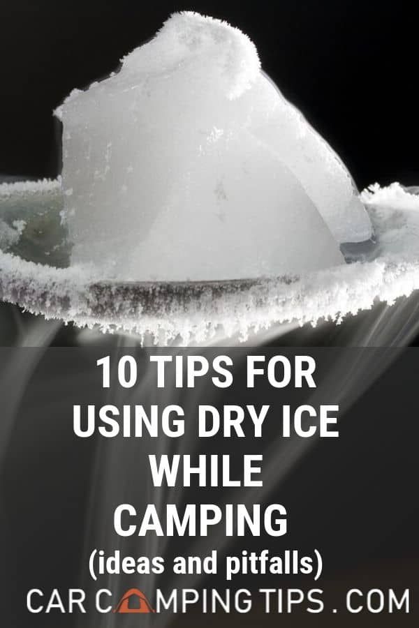 ice on top of a spoon with the words 10 tips for using dry ice while camping