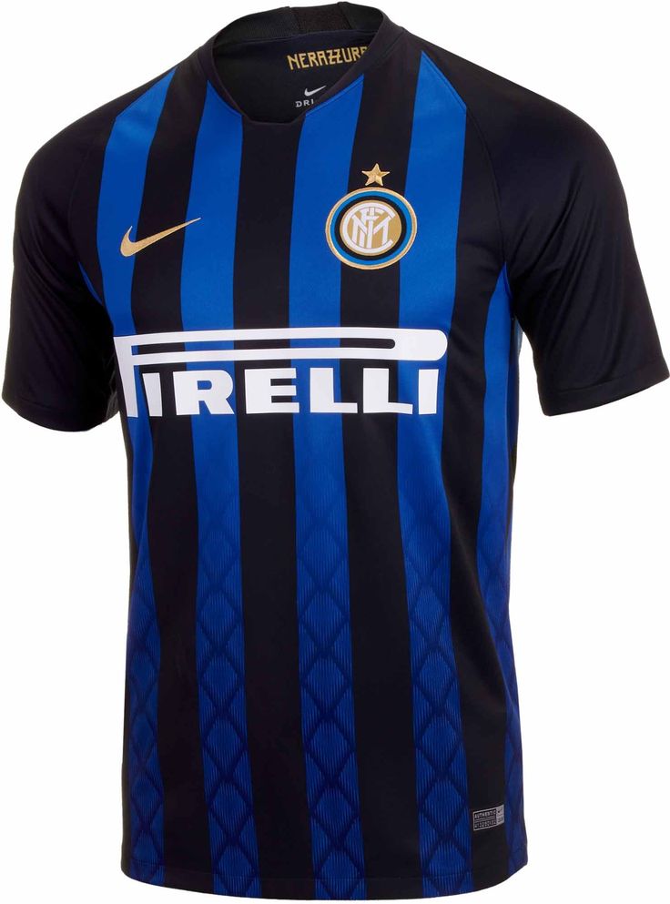 the nike interi home shirt is shown in blue and black with gold stripes on it