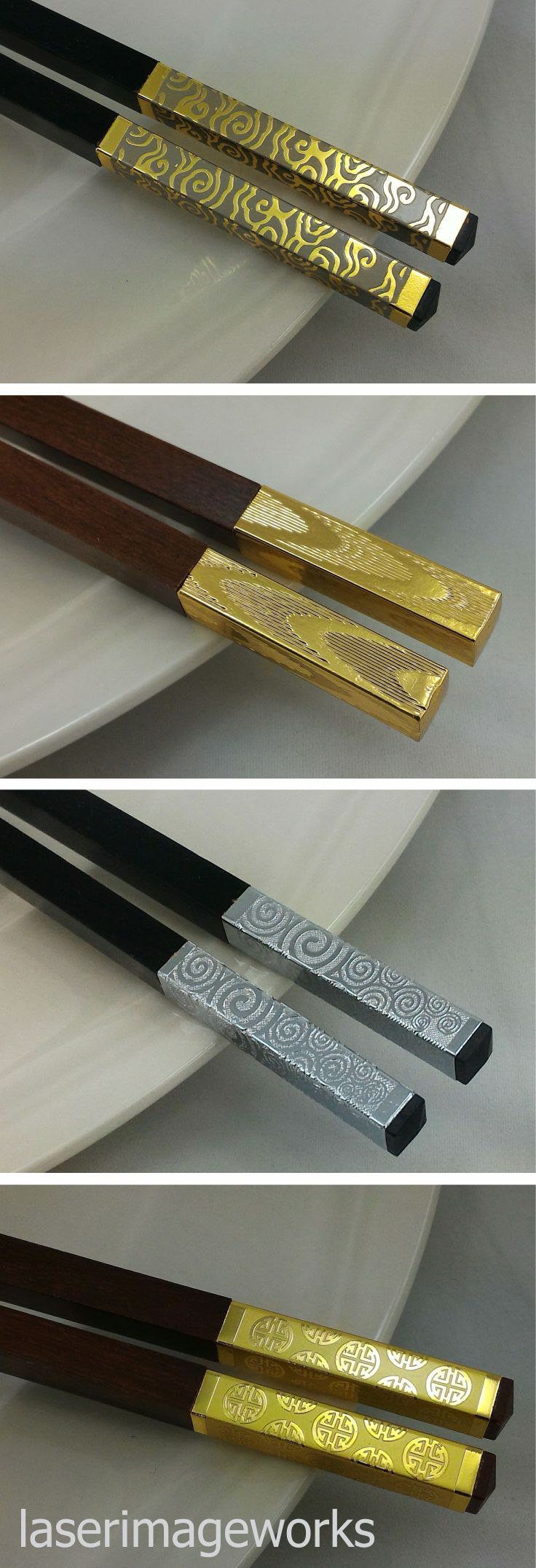 four different types of chopsticks with gold and silver designs on them, one is black and the other is white