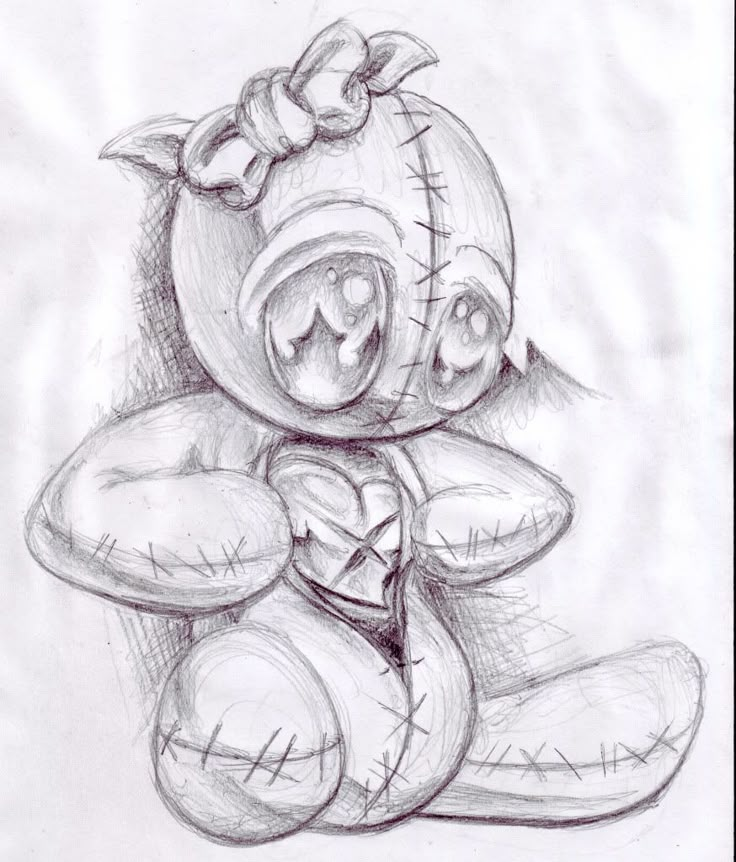 a drawing of a teddy bear with a bow on it's head and eyes